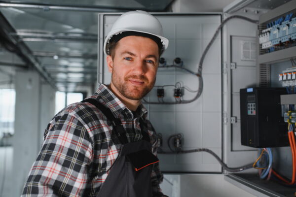 Electrician wearing safety helmet working on an electrical panel in a building under construction