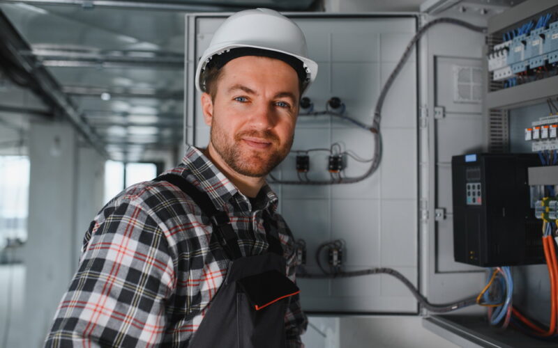Electrician wearing safety helmet working on an electrical panel in a building under construction